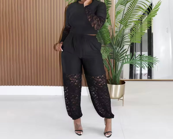 Women Black Lace Patchwork Full Sleeve Two Piece Pant Set