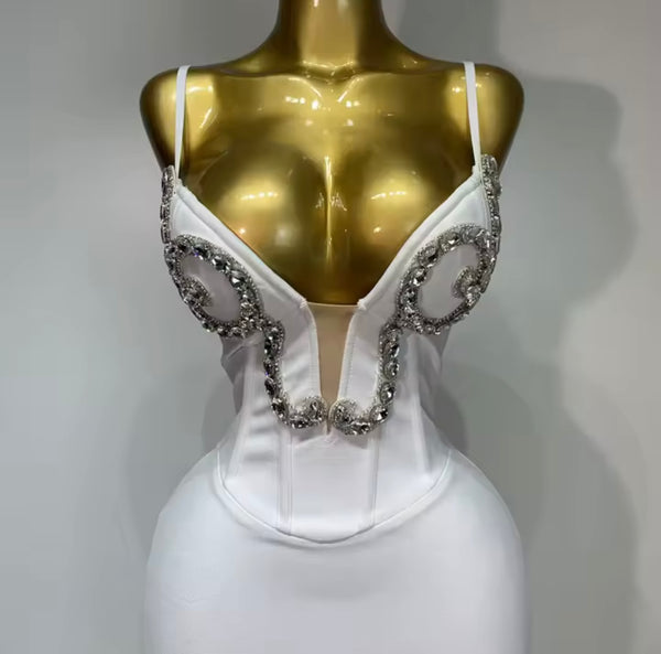 Women Sexy Sleeveless White Rhinestone Bandage Dress