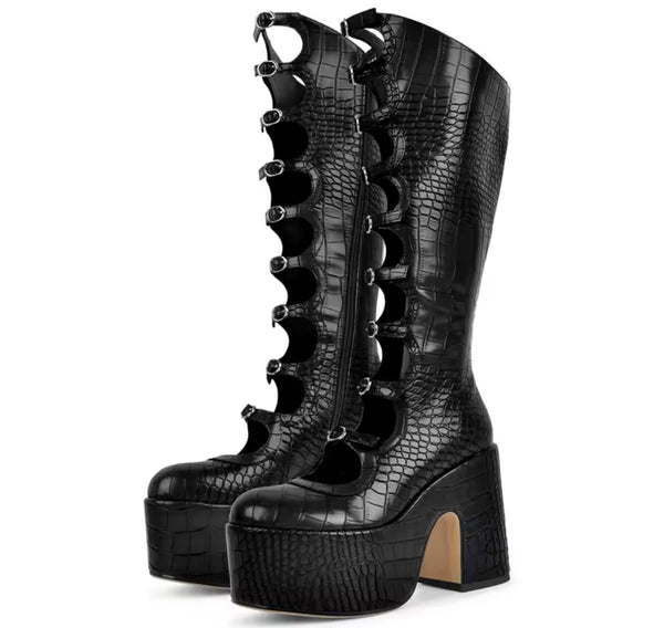 Women Round Toe Buckled Platform Knee High Boots