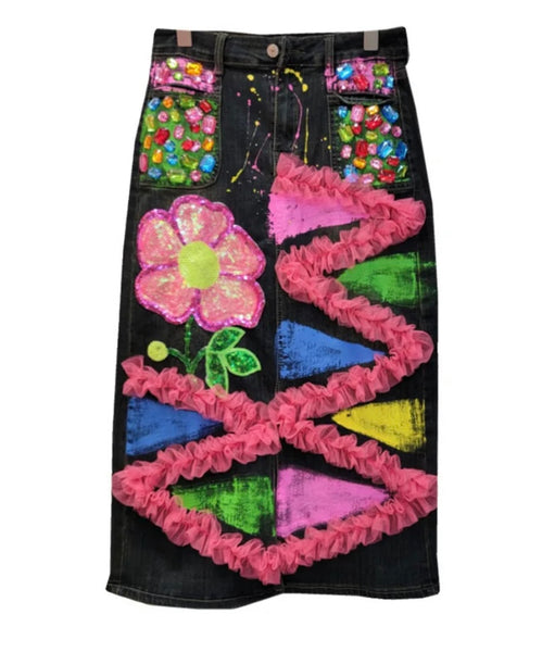 Women Colorful Print Gem Maxi Denim Skirt