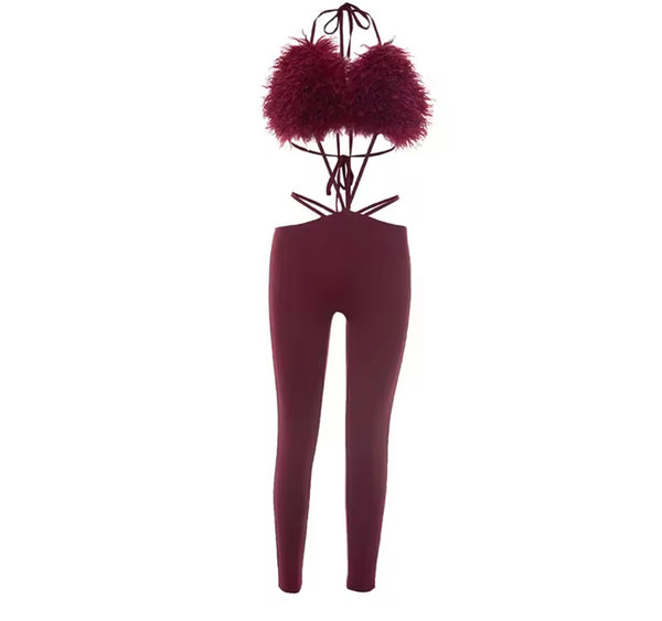 Women Sexy Feather Sleeveless Open Back Jumpsuit