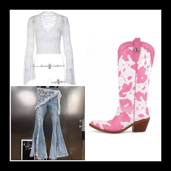 Women Fashion Blue Denim Lace Patchwork Pants