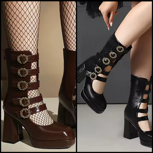 Women Fashion Square Toe Buckled Thick Heel Ankle Boots