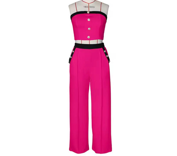 Women Sexy Button Up Strapless Color Patchwork Two Piece Pant Set
