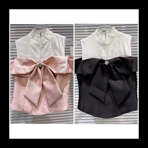 Women Bling Bow Color Patchwork Sleeveless Top