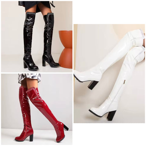 Women Fashion Rhinestone Patent Leather Over The Knee Boots