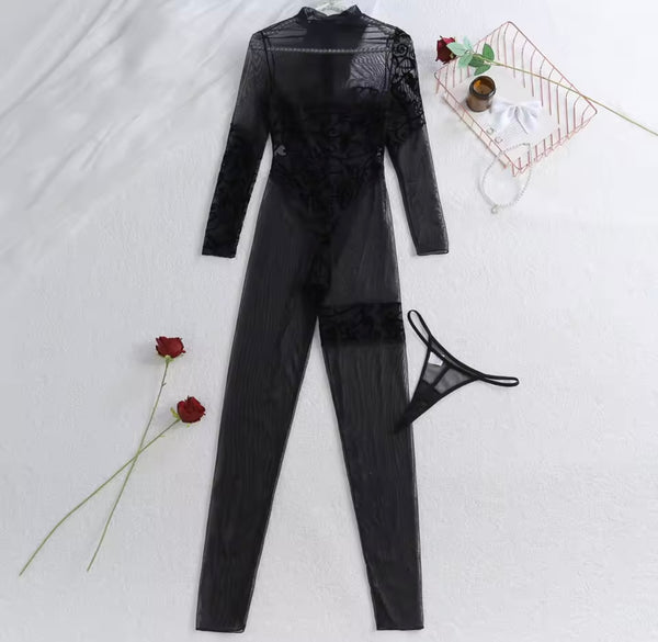 Women Sexy Black Printed Mesh Full Sleeve Lingerie