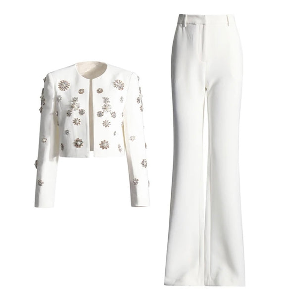 Women Fashion Bling Blazer Two Piece Pant Set