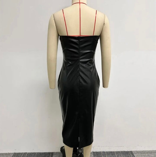 Women Sexy Strapless Black PU Dress