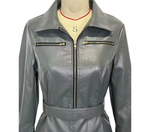 Women Gray Zip Up Fashion Faux Leather Dress