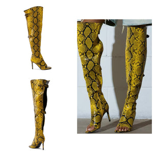 Women Fashion Open Toe Yellow Animal Print Knee High Boots