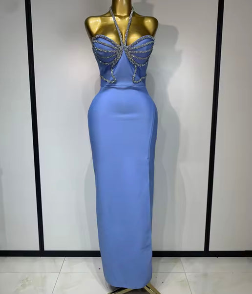 Women Sexy Rhinestone Halter Sleeveless Bandage Maxi Dress