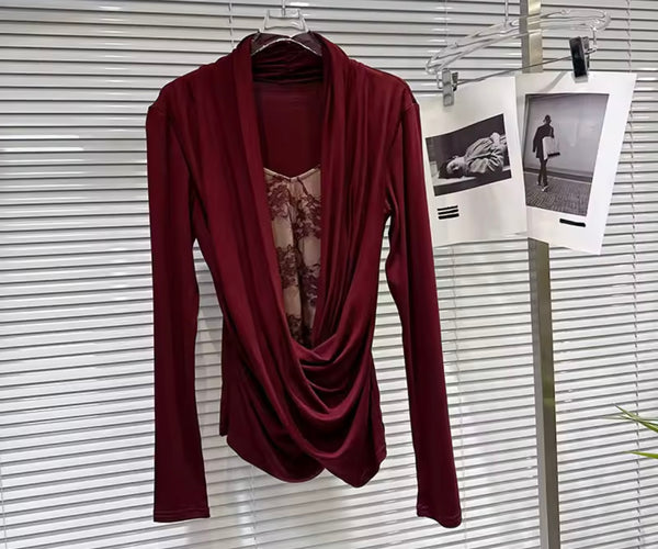 Women Burgundy Lace Patchwork Full Sleeve Two Piece PU Short Set