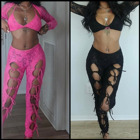 Women Sexy Cut Out Tie Up Three Piece Lace Pant Set