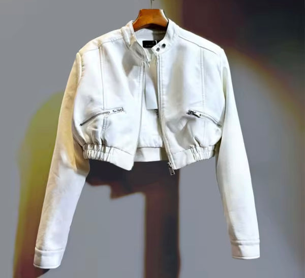 Women Faux Leather Zip Up Fashion Short Jacket