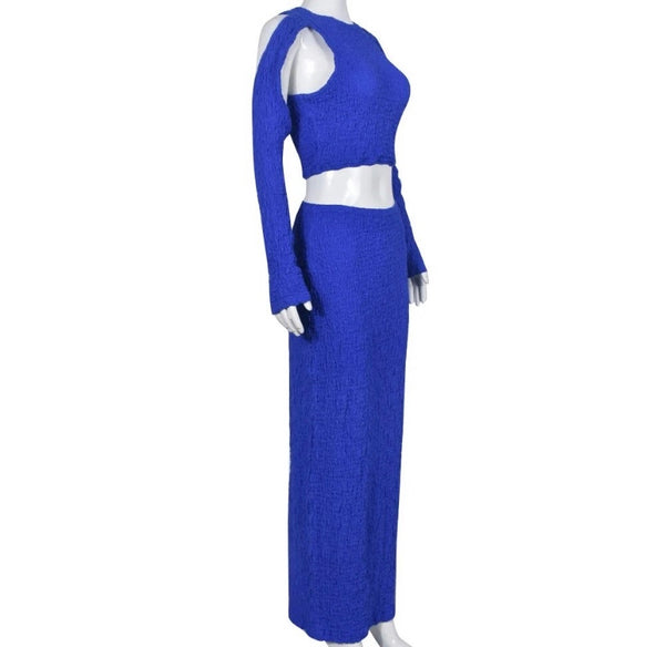 Women Sexy Blue Cut Out Full Sleeve Two Piece Maxi Skirt Set