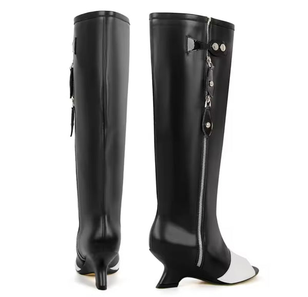 Women Fashion B&W Open Toe Zip Up Buckled Ankle/Knee High Boots