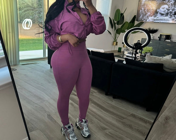 Women Fashion Solid Color Zip Up Full Sleeve Crop Two Piece Pant Set