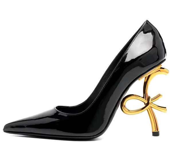 Women Pointed Toe Suede/Patent Leather Gold Heel Pumps