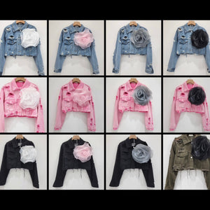 Women Fashion Ripped Floral Denim Jacket