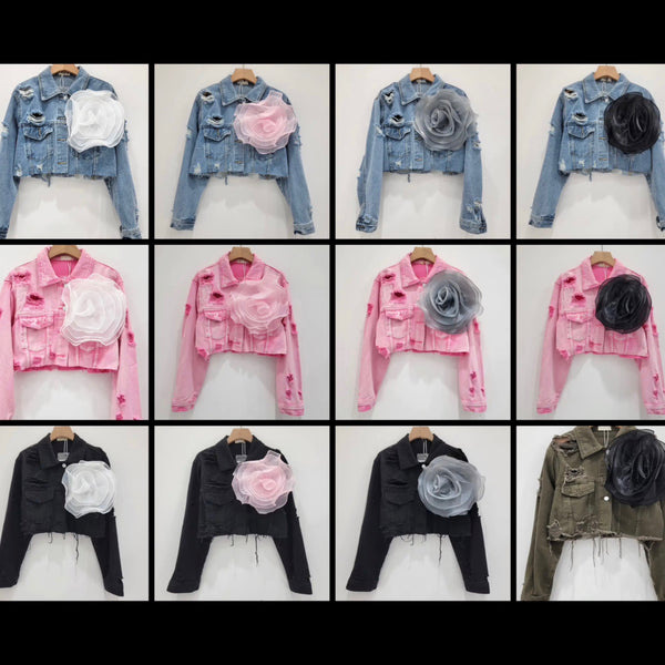 Women Fashion Ripped Floral Denim Jacket