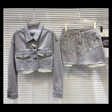 Women Gray Rhinestone Denim Jacket Two Piece Skirt Set