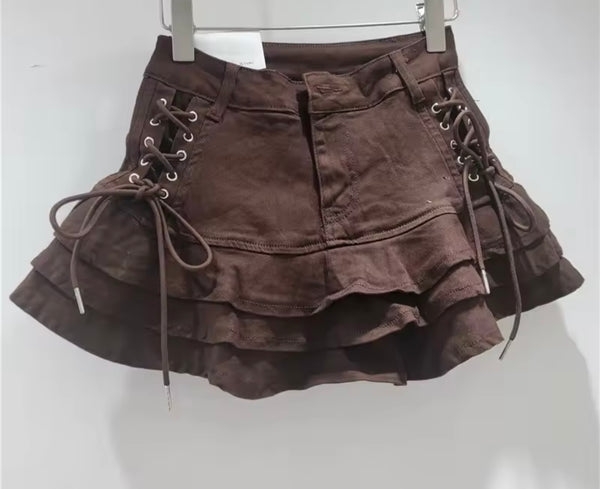 Women Fashion Color Tie Up Ruffled Denim Skirt