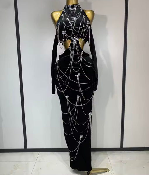 Women Black Sexy Chain Cut Out Open Back Velour Maxi Dress