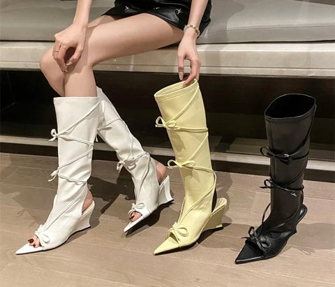 Women Pointed Open Toe Bow Faux Leather Knee High Fashion Boots