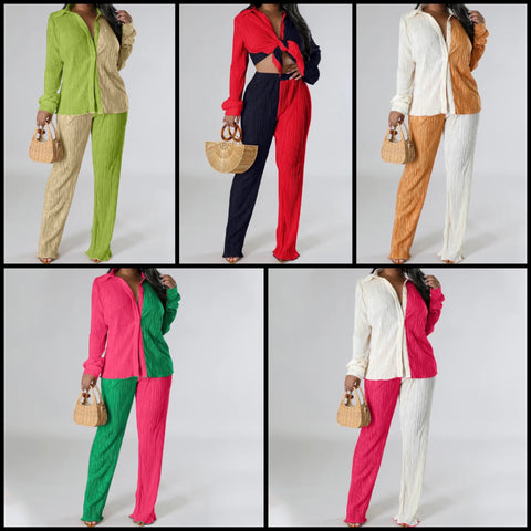 Women Fashion Color Patchwork Button Up Full Sleeve Two Piece Pant Set