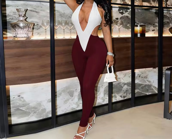Women Halter Sleeveless Color Patchwork Jumpsuit