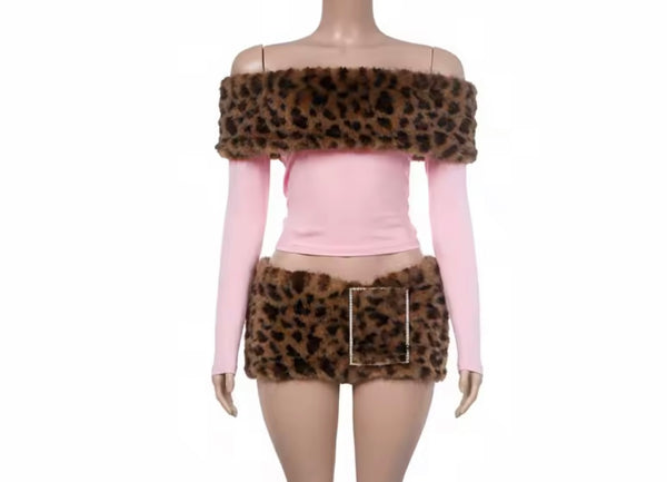 Women Leopard Faux Fur Full Sleeve Two Piece Buckle Skirt Set