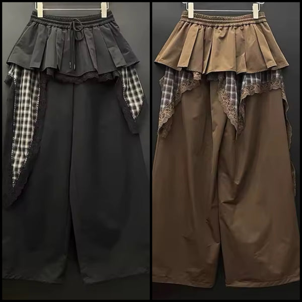 Women Fashion Ruffled Plaid Patchwork Wide Leg Pants