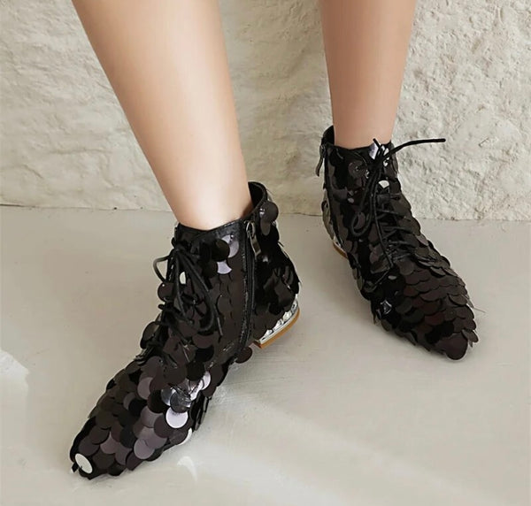 Women Fashion Lace Up Sequins Ankle Boots