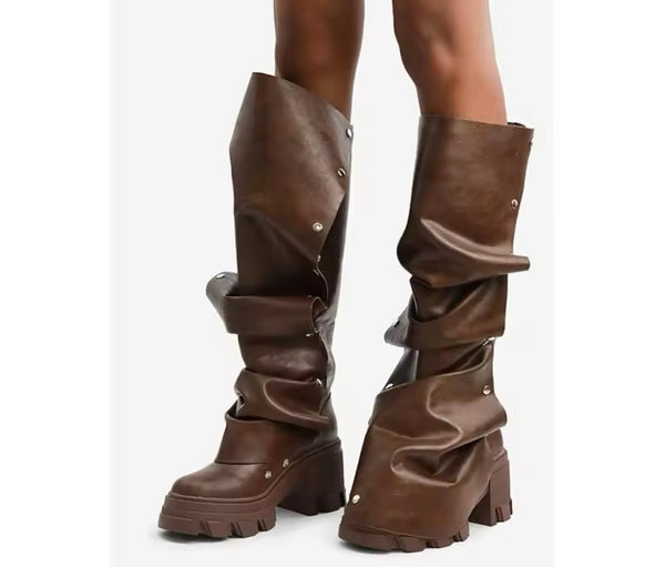 Women Fashion Faux Leather Button Platform Knee High Boots