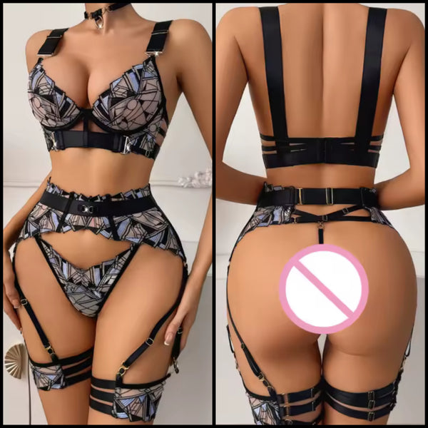 Women Sexy Choker Printed See Through Mesh Lingerie Set