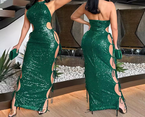 Women Sexy Sleeveless Sequins Color Cut Out Maxi Dress