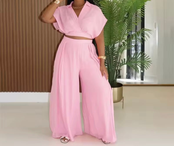 Women Color Short Sleeve Fashion Two Piece Wide Leg Pant Set
