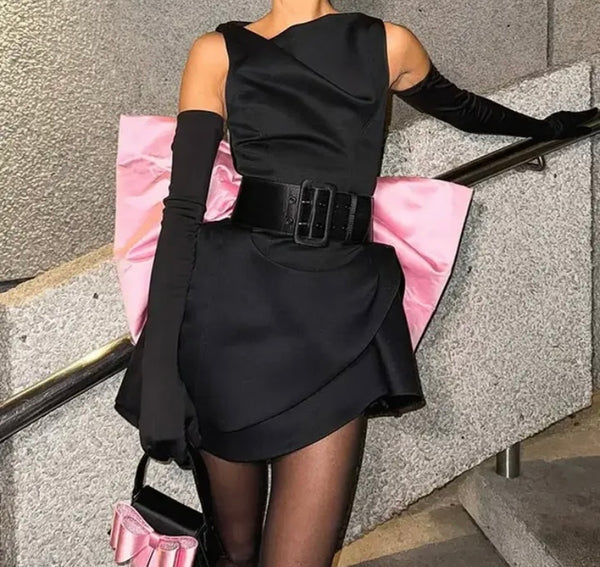 Women Sexy Black Belted Pink Bow Sleeveless Dress