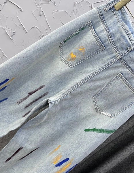 Women Fashion Color Patchwork Ripped Denim Pants