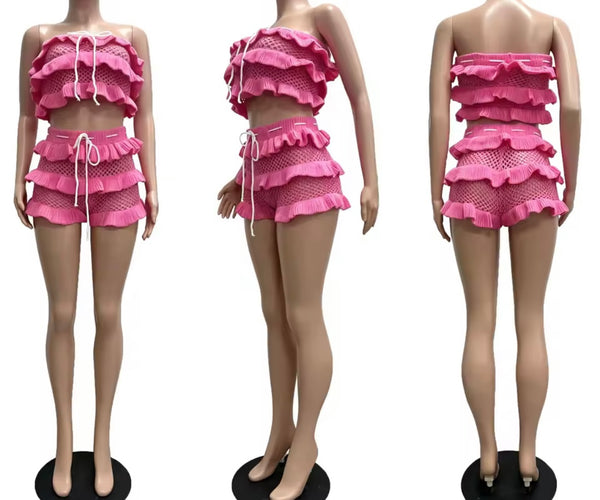 Women Sexy Strapless Tie Up Ruffled Knitted Two Piece Short Set