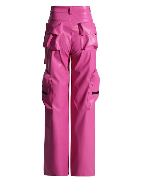 Women Pink Faux Leather Fashion Zipper Cargo Pants