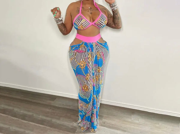 Women Sexy Strapless Multicolored Two Piece Maxi Skirt Set