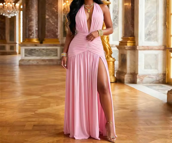 Women Sexy Halter Sleeveless Side Split Pleated Maxi Dress
