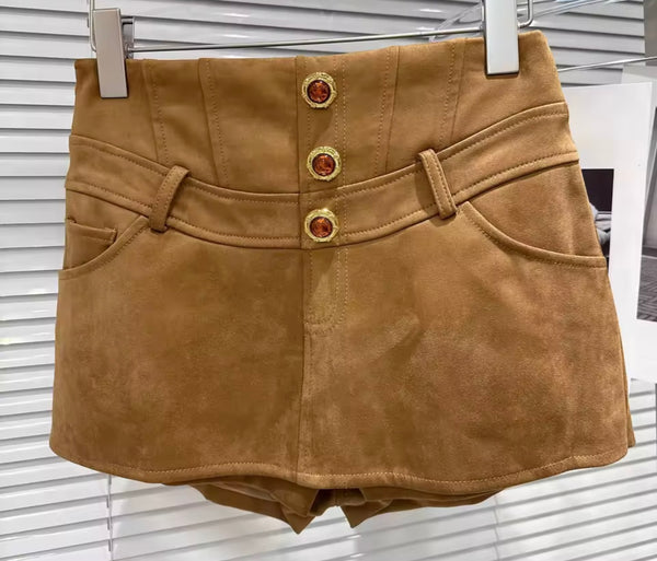 Women Ruffled Button Up Full Sleeve Two Piece Suede Short Set