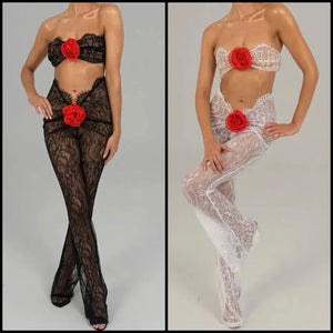 Women Sexy Strapless Rose Lace Two Piece Pant Set