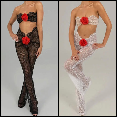 Women Sexy Strapless Rose Lace Two Piece Pant Set