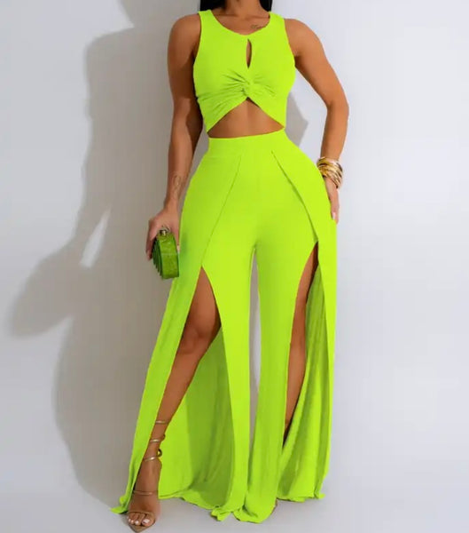 Women Sexy Sleeveless Solid Color Two Piece Front Slit Pant Set
