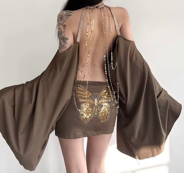 Women Brown Sexy Halter Open Back Butterfly Ruched Dress
