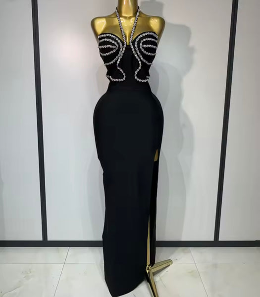 Women Sexy Rhinestone Halter Sleeveless Bandage Maxi Dress